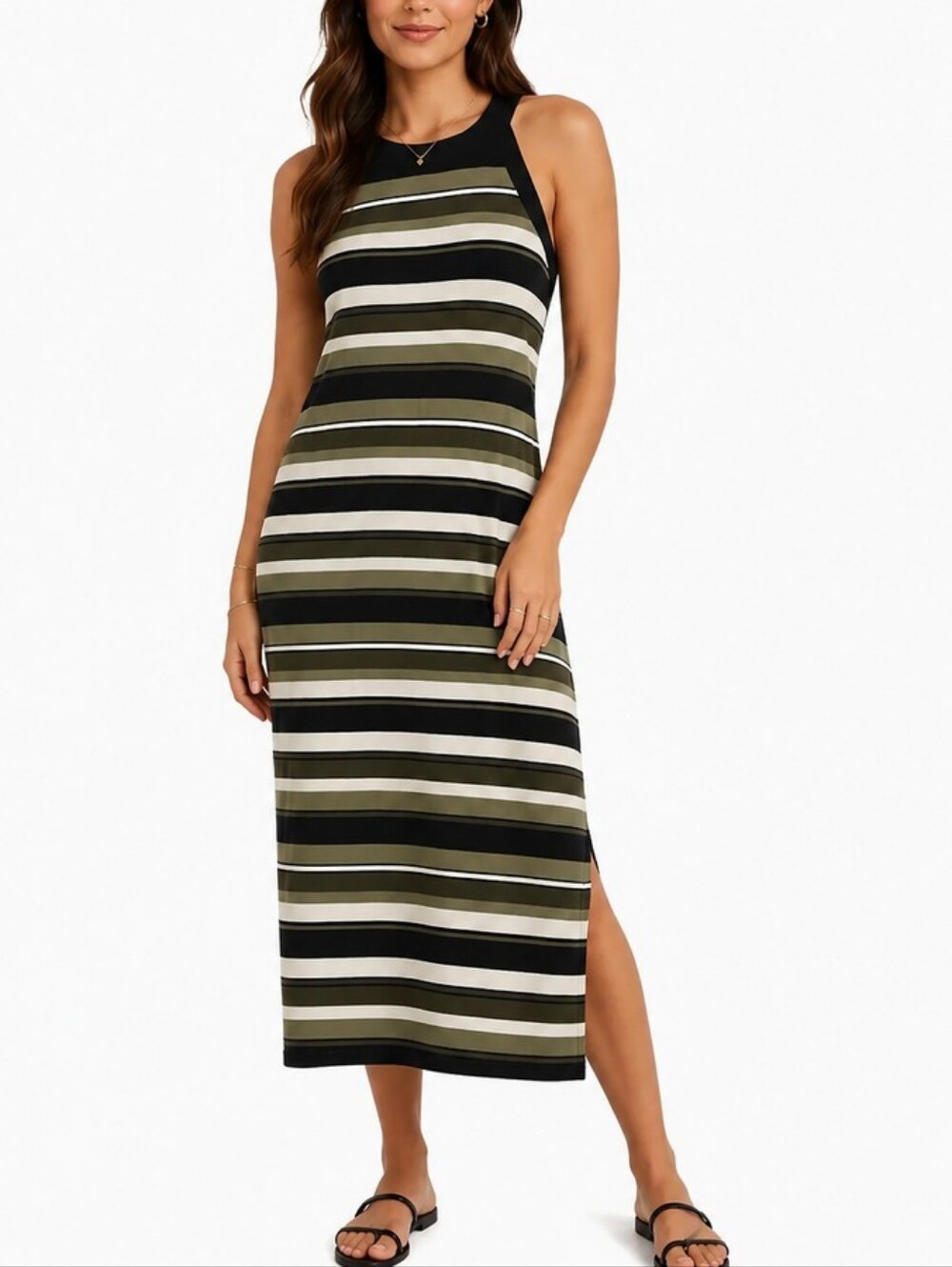 Michael Kors Striped Halter Midi Dress in Olive and Black